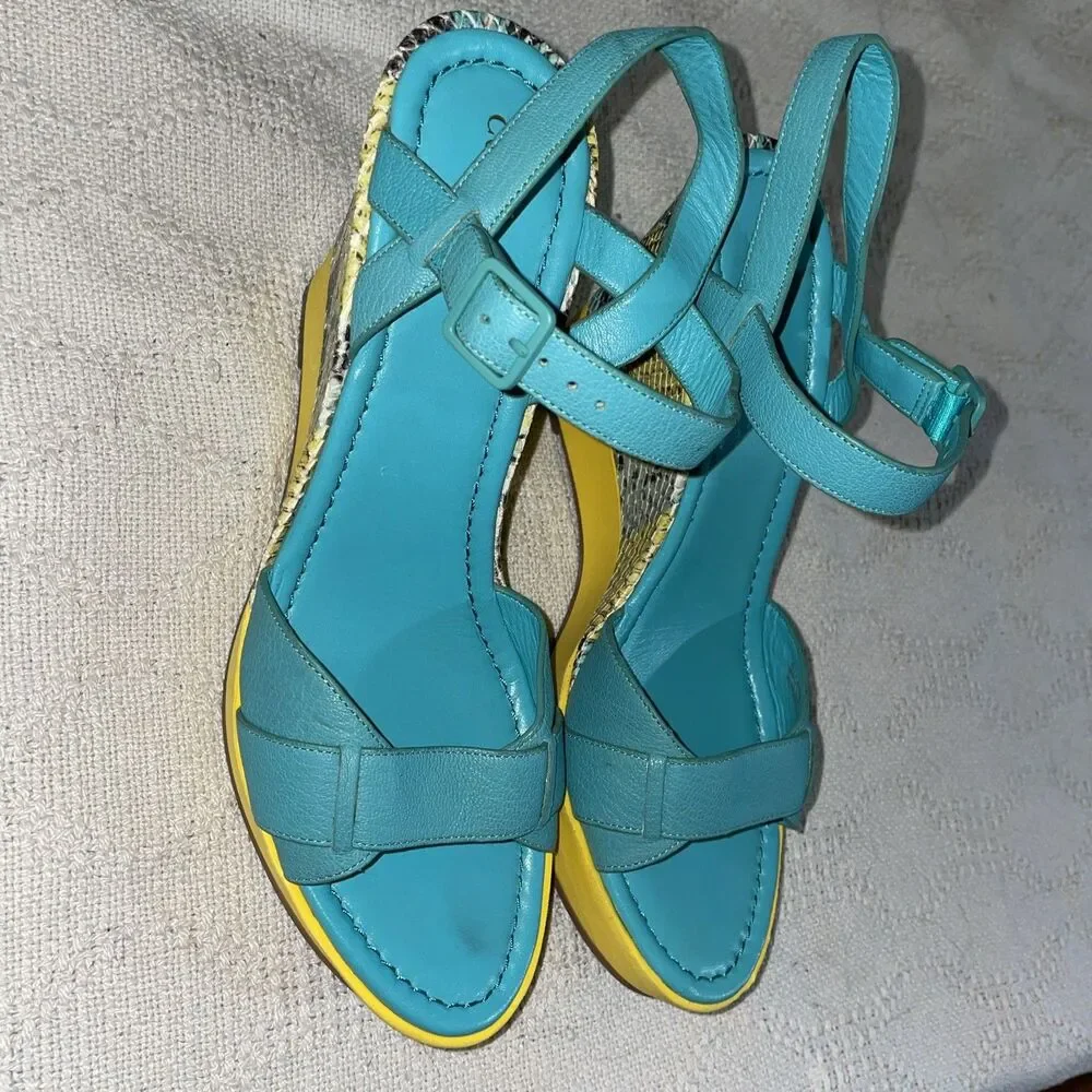 Cole Haan Women’s Ankle Strap Wedges Size 9 B Blue Yellow Going Out Party Fun